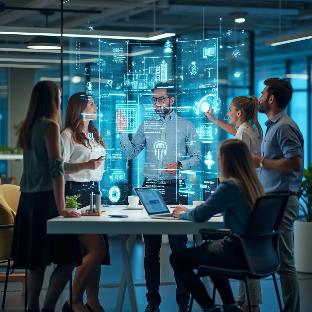 Equipo de consultores en una reunión estratégica discutiendo datos en pantallas holográficas