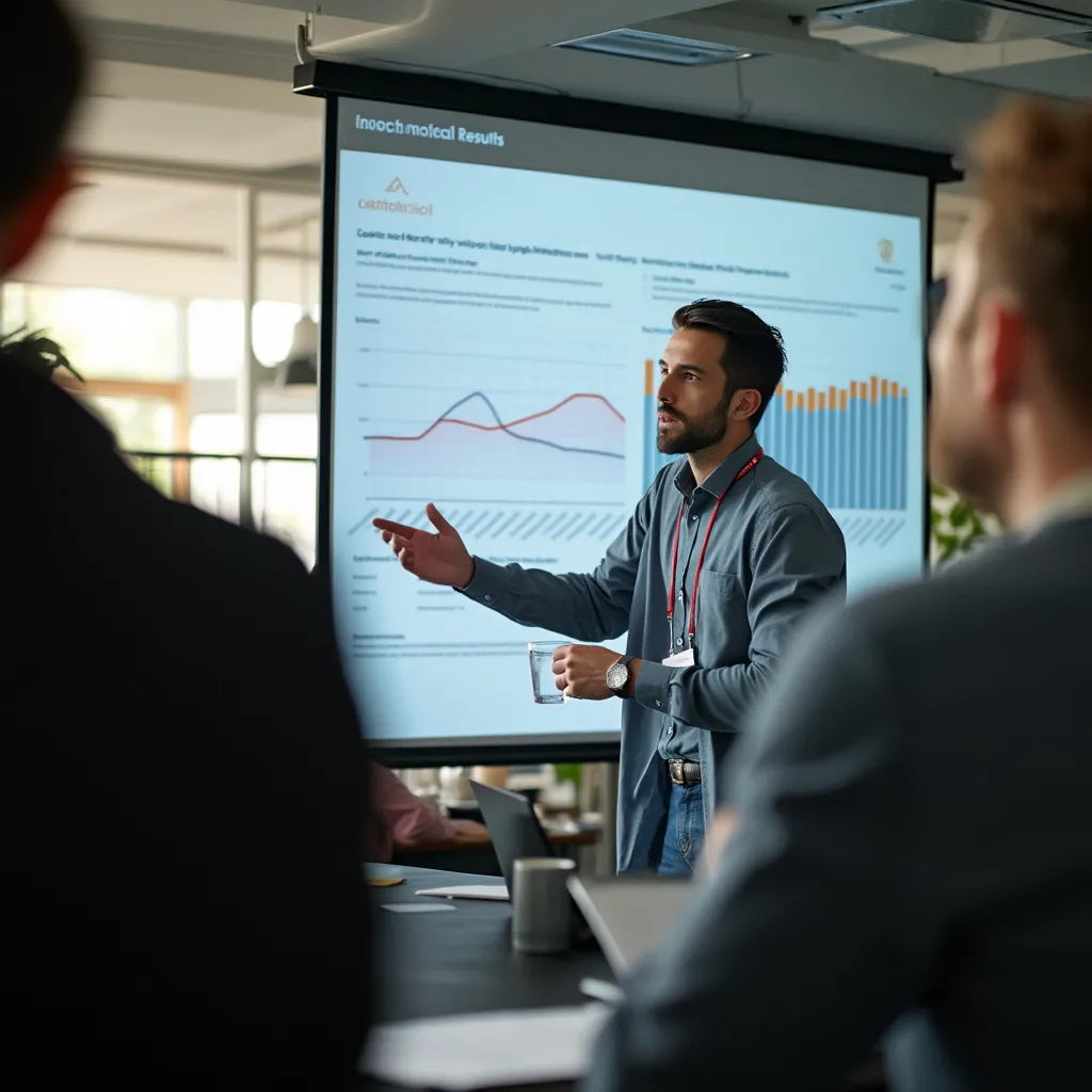 Consultor presentando resultados de un proyecto exitoso en una pantalla grande con gráficos y datos